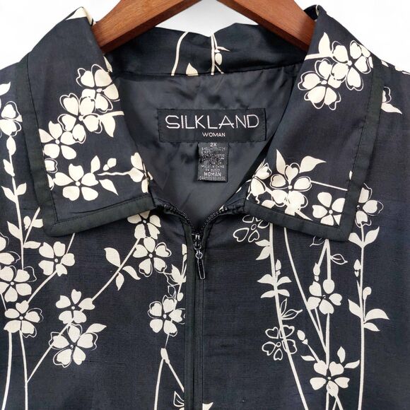 SILKLAND Jacket Womens Size 2X Black White Silk Floral Lined Classic Full Zip - Picture 3 of 9